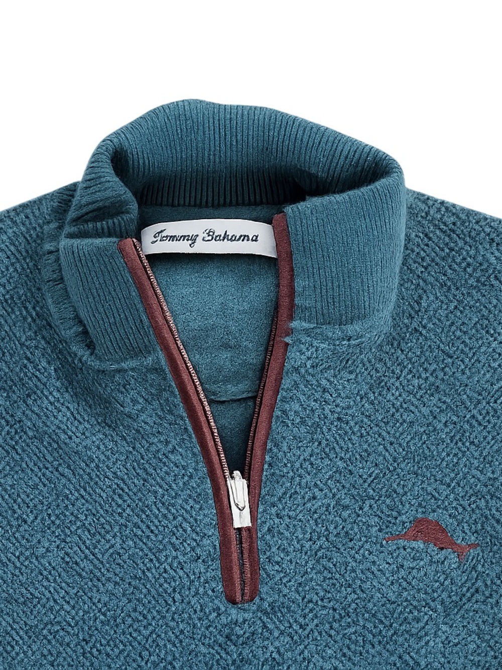 Tommy Bahama Teal Half-Zip Sweater with Maroon Trim